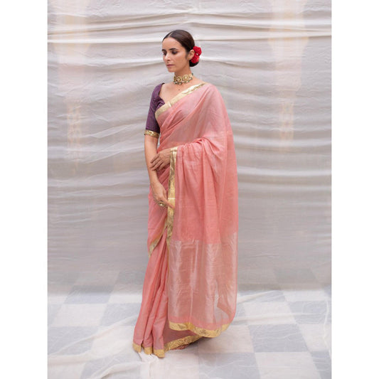 PRIYANKA RAAJIV Nandini Pink Chanderi Tissue Saree with Unstitched Blouse