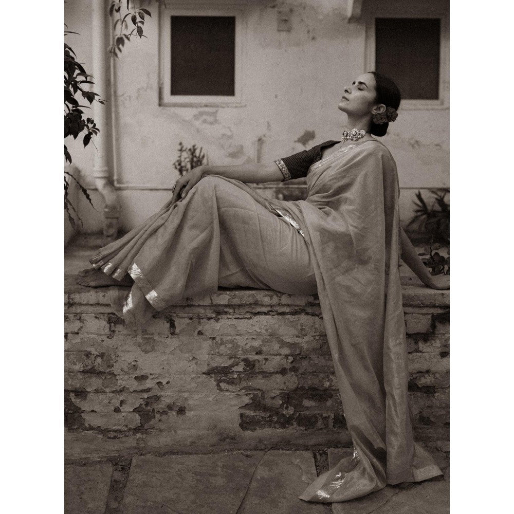 PRIYANKA RAAJIV Nandini Pink Chanderi Tissue Saree with Unstitched Blouse