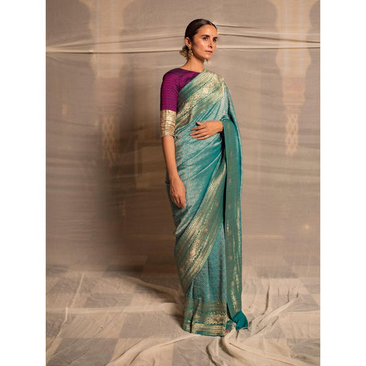PRIYANKA RAAJIV Jaishree Teal Silk Georgette Saree with All Over with Unstitched Blouse
