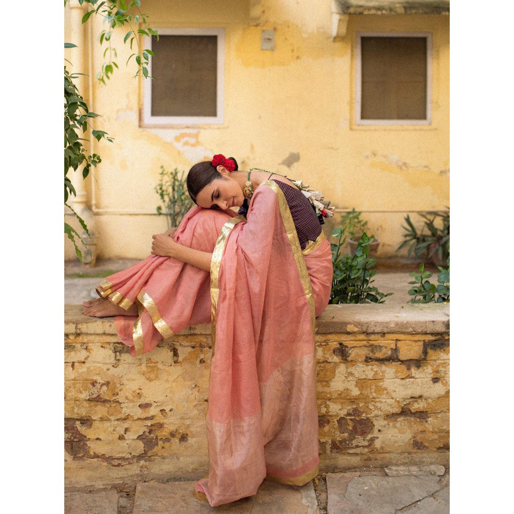 PRIYANKA RAAJIV Nandini Pink Chanderi Tissue Saree with All Over Jaal with Unstitched Blouse