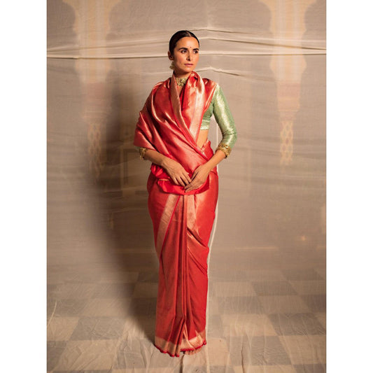 PRIYANKA RAAJIV Manika Red Silk Tissue Banarasi Saree with Unstitched Blouse