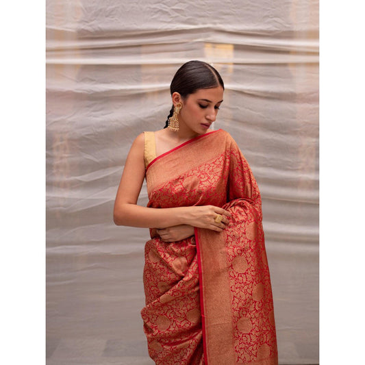 PRIYANKA RAAJIV Tara ( Red) Silk Brocade Banarasi Saree with All Over Jaal with Unstitched Blouse