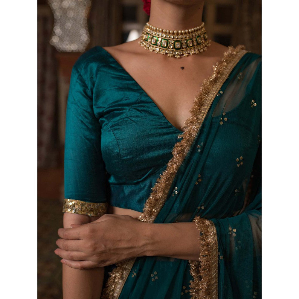 PRIYANKA RAAJIV Jayalakshmi Teal Chanderi Lehenga (Set of 3)