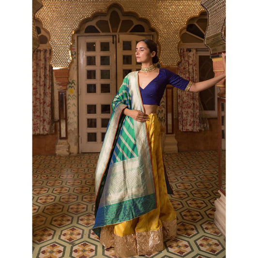 PRIYANKA RAAJIV Hema + Santok Yellow Patchwork Lehenga (Set of 3)