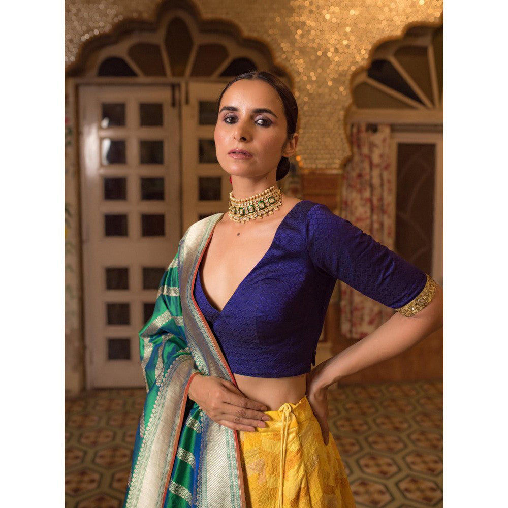 PRIYANKA RAAJIV Hema + Santok Yellow Patchwork Lehenga (Set of 3)