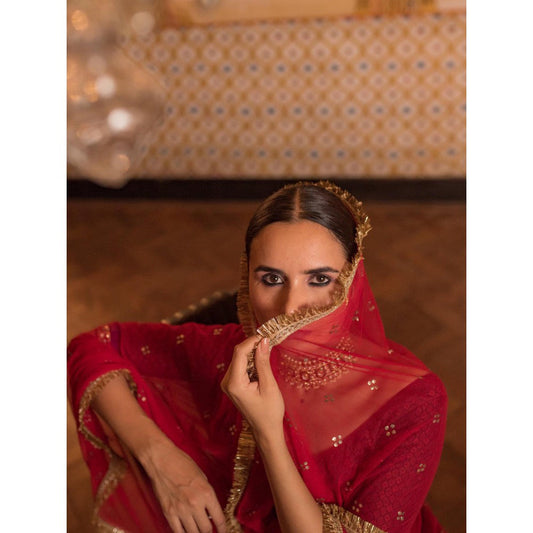 PRIYANKA RAAJIV Girija + Reecha Burgundy Patchwork Lehenga (Set of 3)