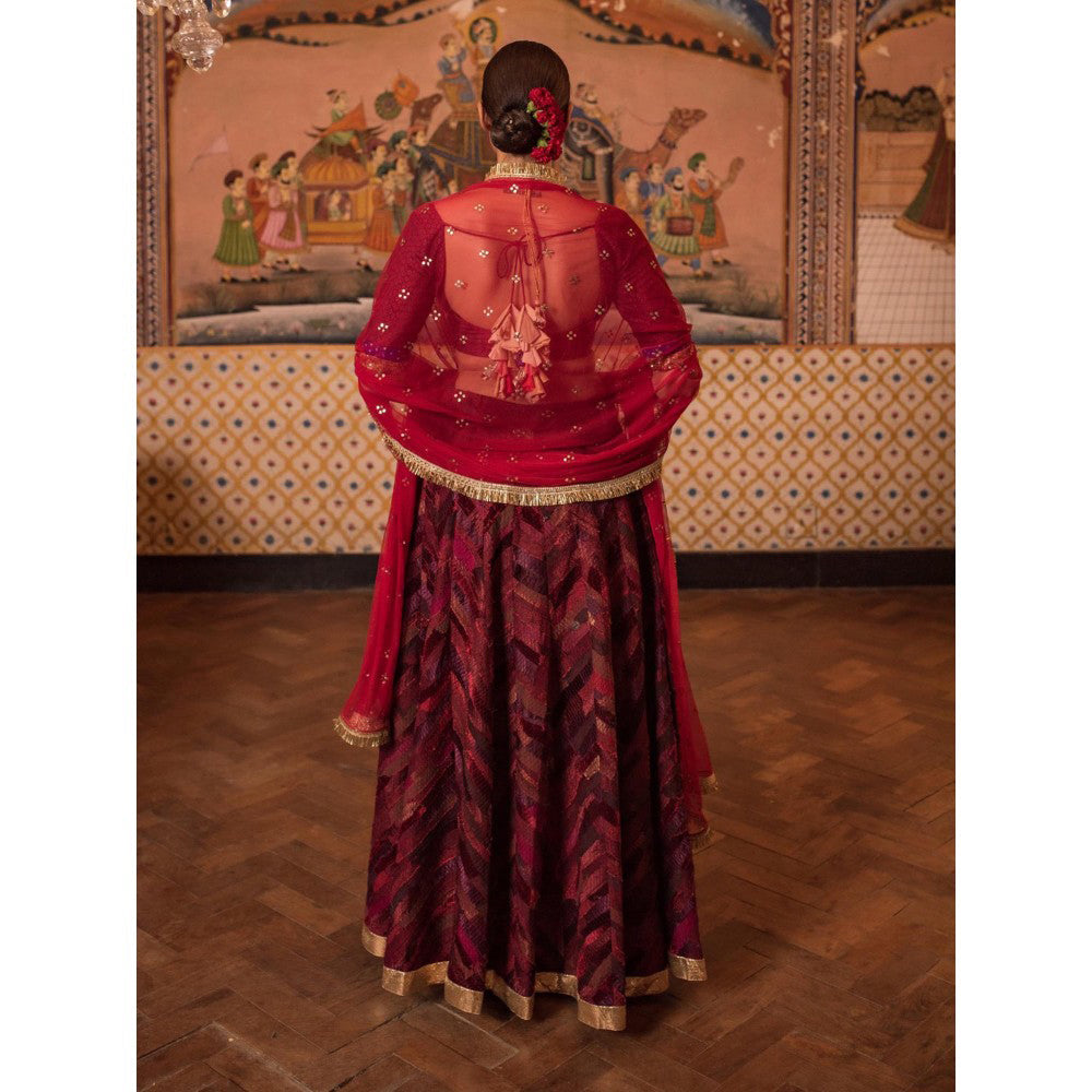 PRIYANKA RAAJIV Girija + Reecha Burgundy Patchwork Lehenga (Set of 3)