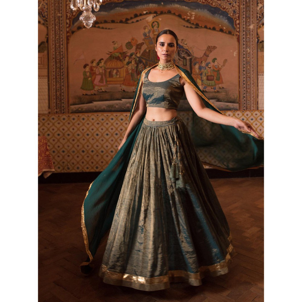 PRIYANKA RAAJIV Pramsu Teal Chanderi Lehenga (Set of 3)