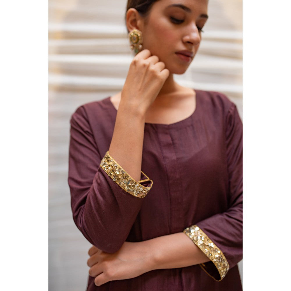 PRIYANKA RAAJIV Tamanvi Brown Cotton Silk Straight Kurta with Embroidered Sleeves (Set of 2)