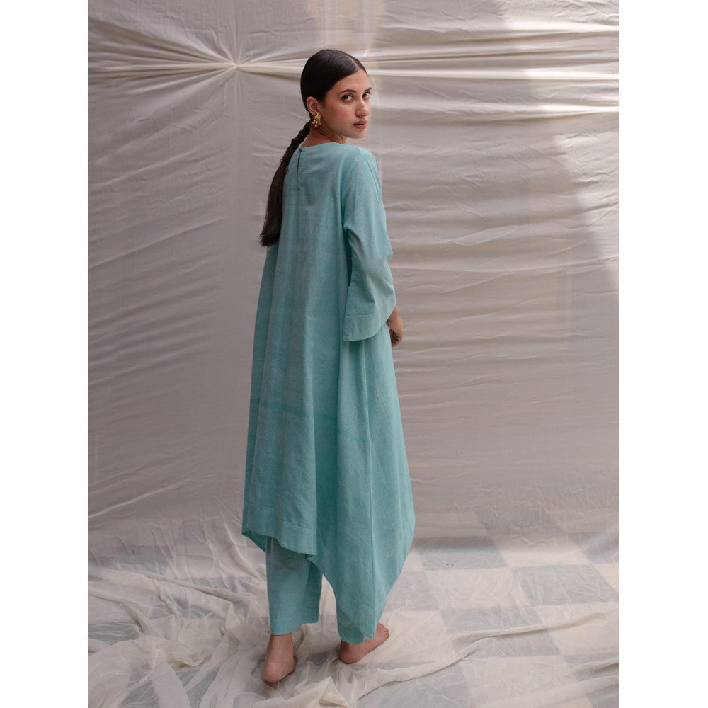 PRIYANKA RAAJIV Sayani Aquamarine Organic Khadi Cotton Flowy Kurta with Pants (Set of 2)