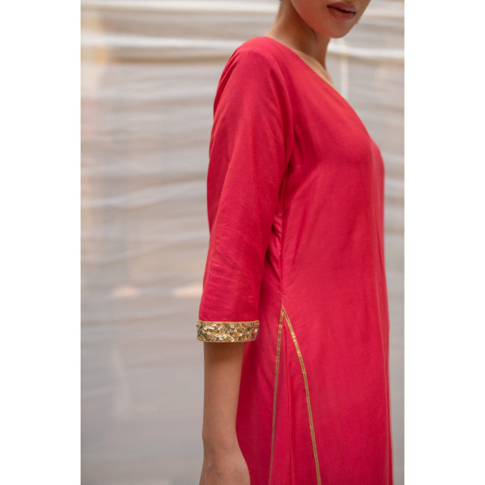 PRIYANKA RAAJIV Ushna Corel Cotton Silk A-Line Styled Kurta and Embroidered Border (Set of 2)