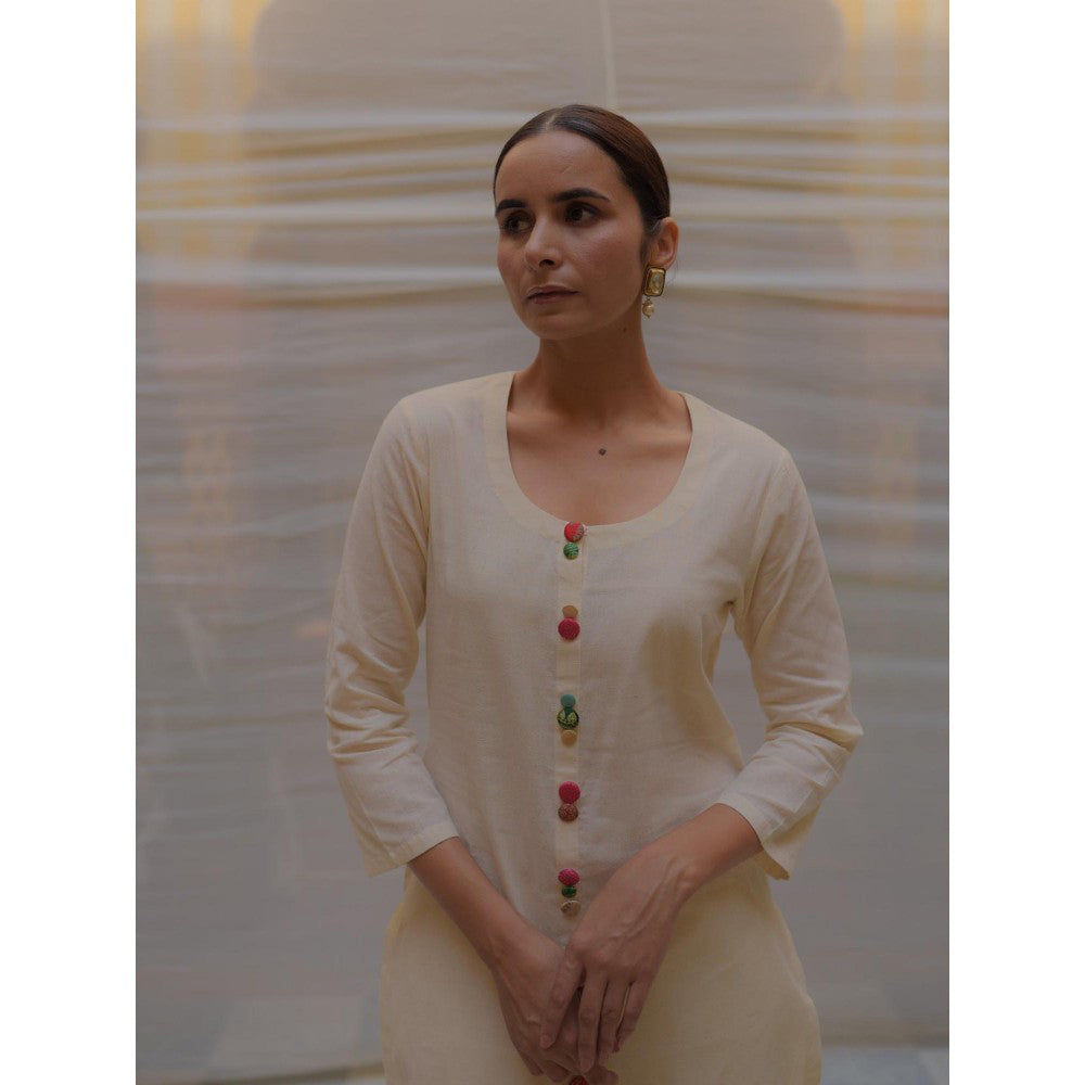 PRIYANKA RAAJIV Illan Ivory Khadi Cotton Kurta and Pant with Hand Crafted Brocade Buttons (Set of 2)