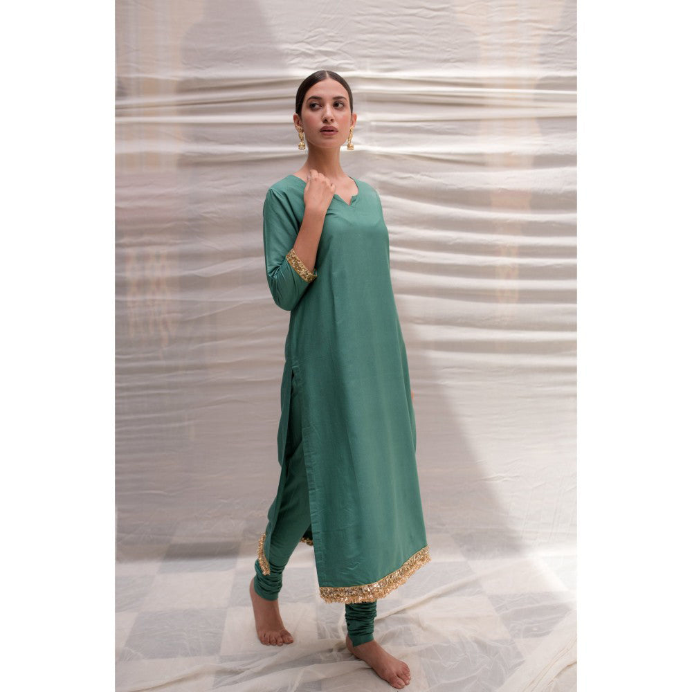 PRIYANKA RAAJIV Sukritya Teal Cotton Silk Straight Kurta (Set of 3)