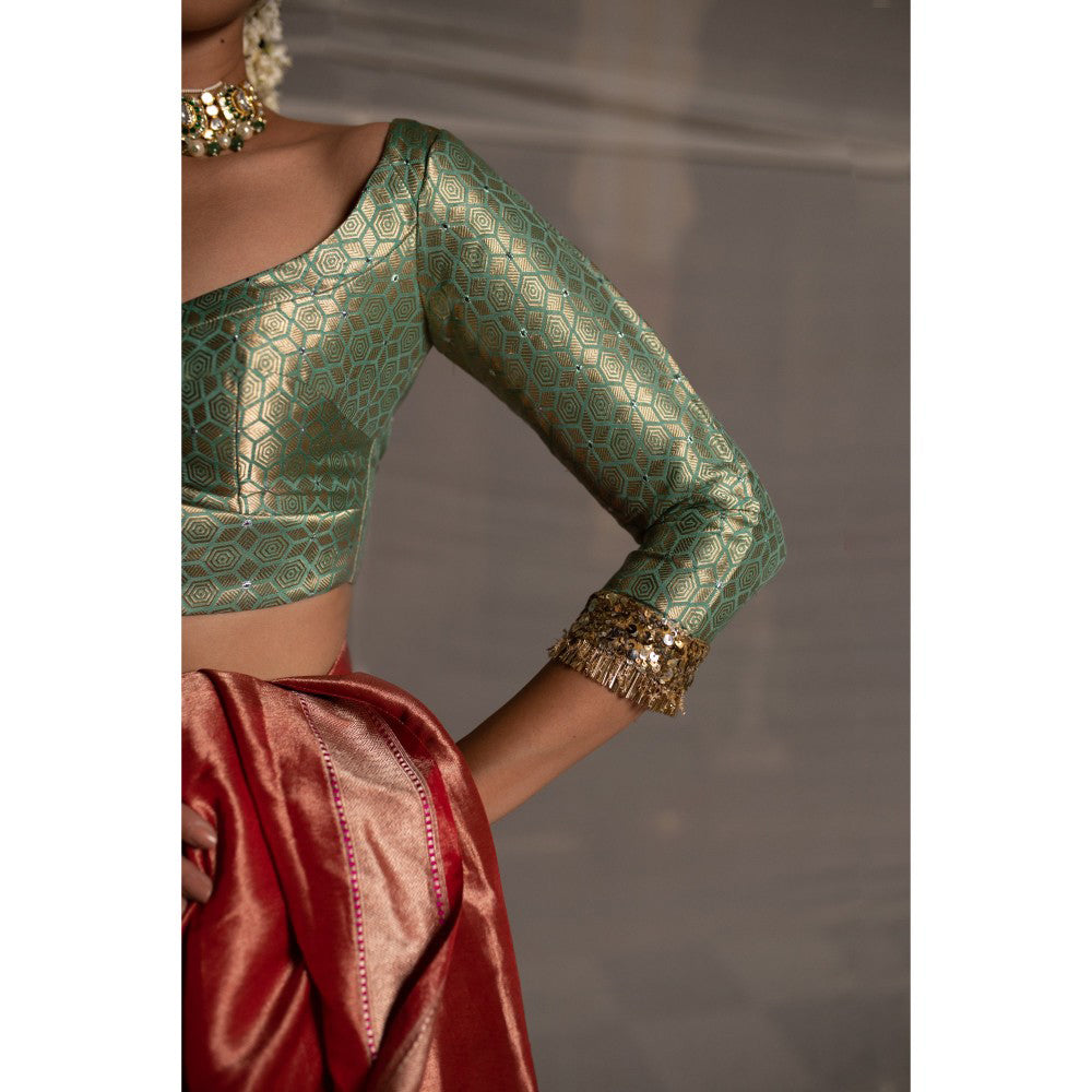 PRIYANKA RAAJIV Phalguni Teal Silk Brocade Blouse