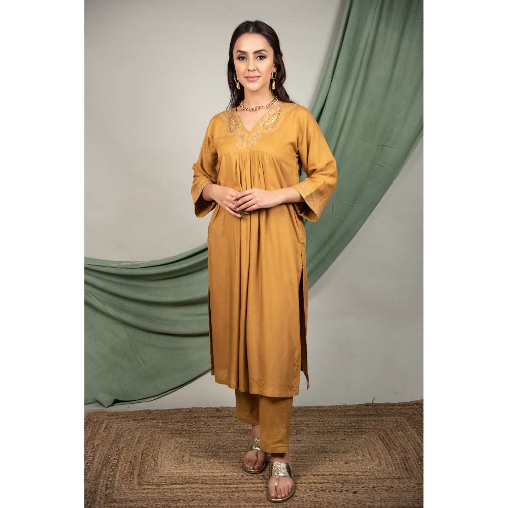 Priya Chaudhary Mustard Sequined Kurta and Pant with Dupatta (Set of 3)