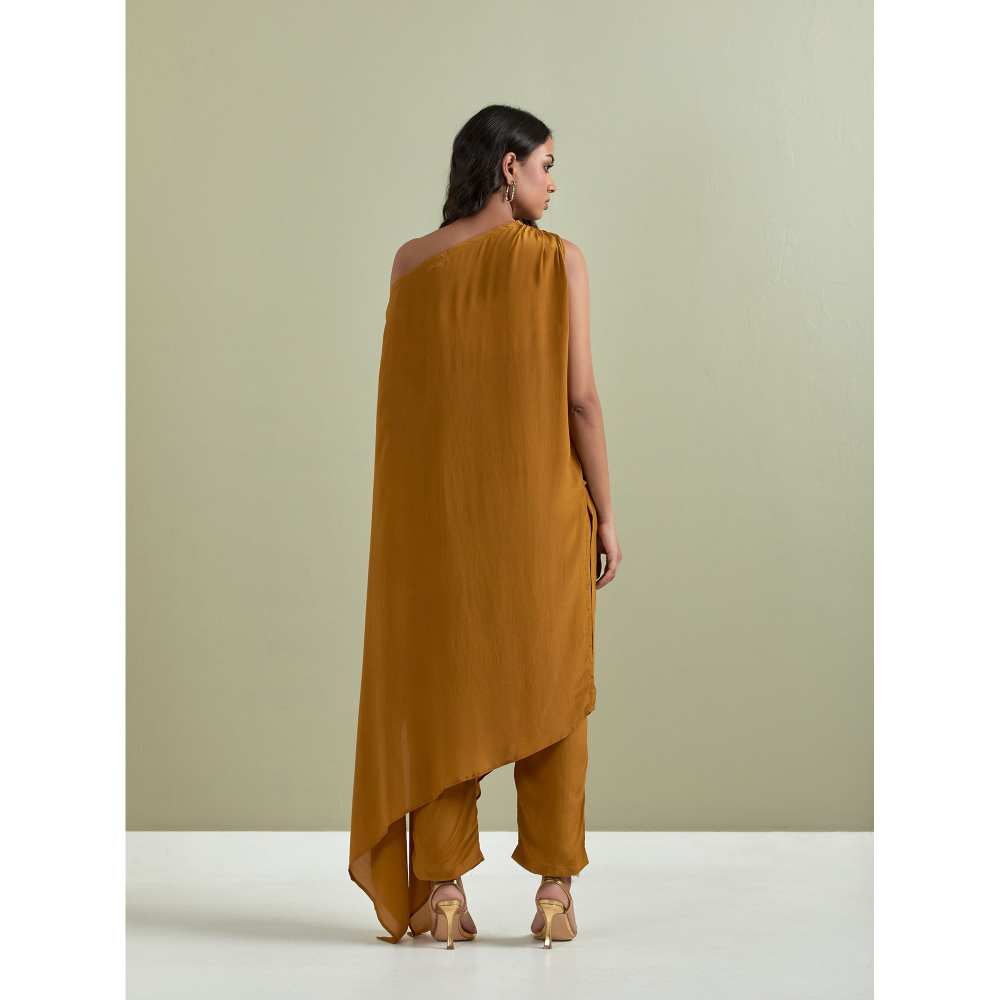 Priya Chaudhary Mustard Embroidered Crepe Kurta with Pants (Set of 2)