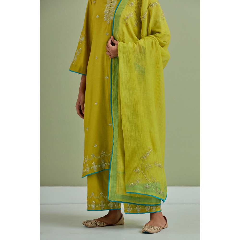 Priya Chaudhary Green Embroidered Chanderi Silk Kurta Palazzo and Dupatta (Set of 3)