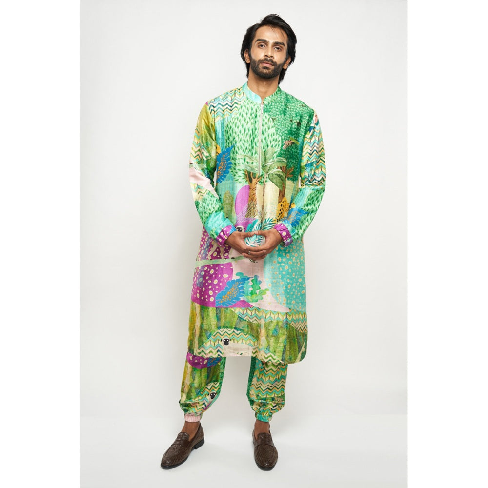 PS Men by Payal Singhal Alan Kuno Print Dupion Silk Bomber Kurta with Jogger Pants (Set of 2)