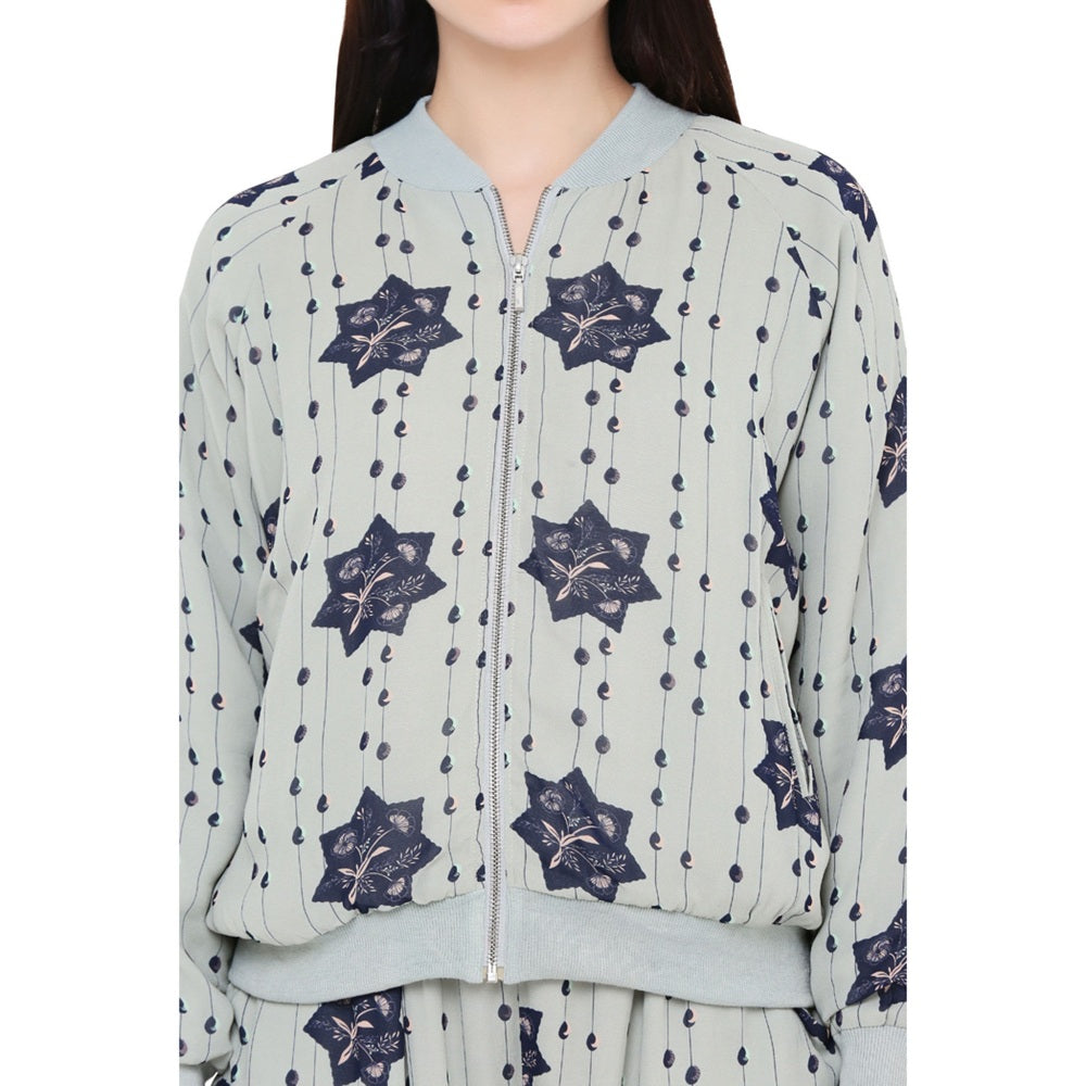 PS Pret by Payal Singhal Grey Printed Art Georgette Bomber Jacket For Women (Set of 2)