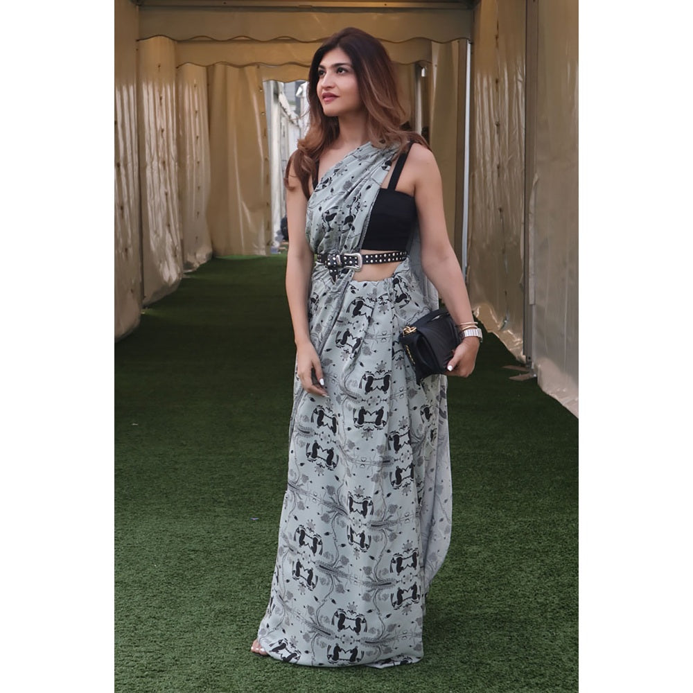PS Pret by Payal Singhal Powder Blue Printed Crepe Saree Without Blouse