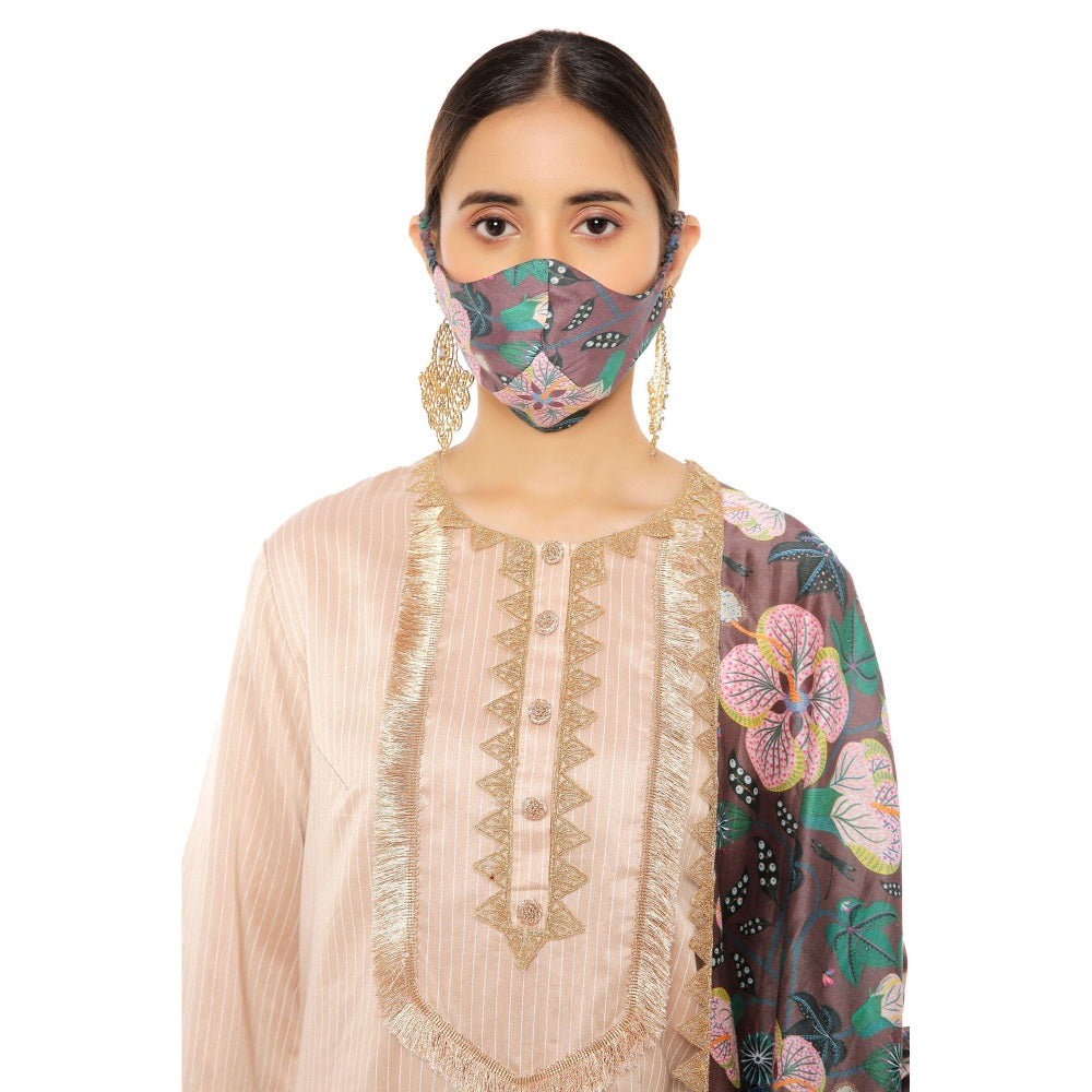 PS Pret by Payal Singhal Chanderi Stripe Kurta with Palazzo and Dupatta & 3 Ply Mask (Set of 4)
