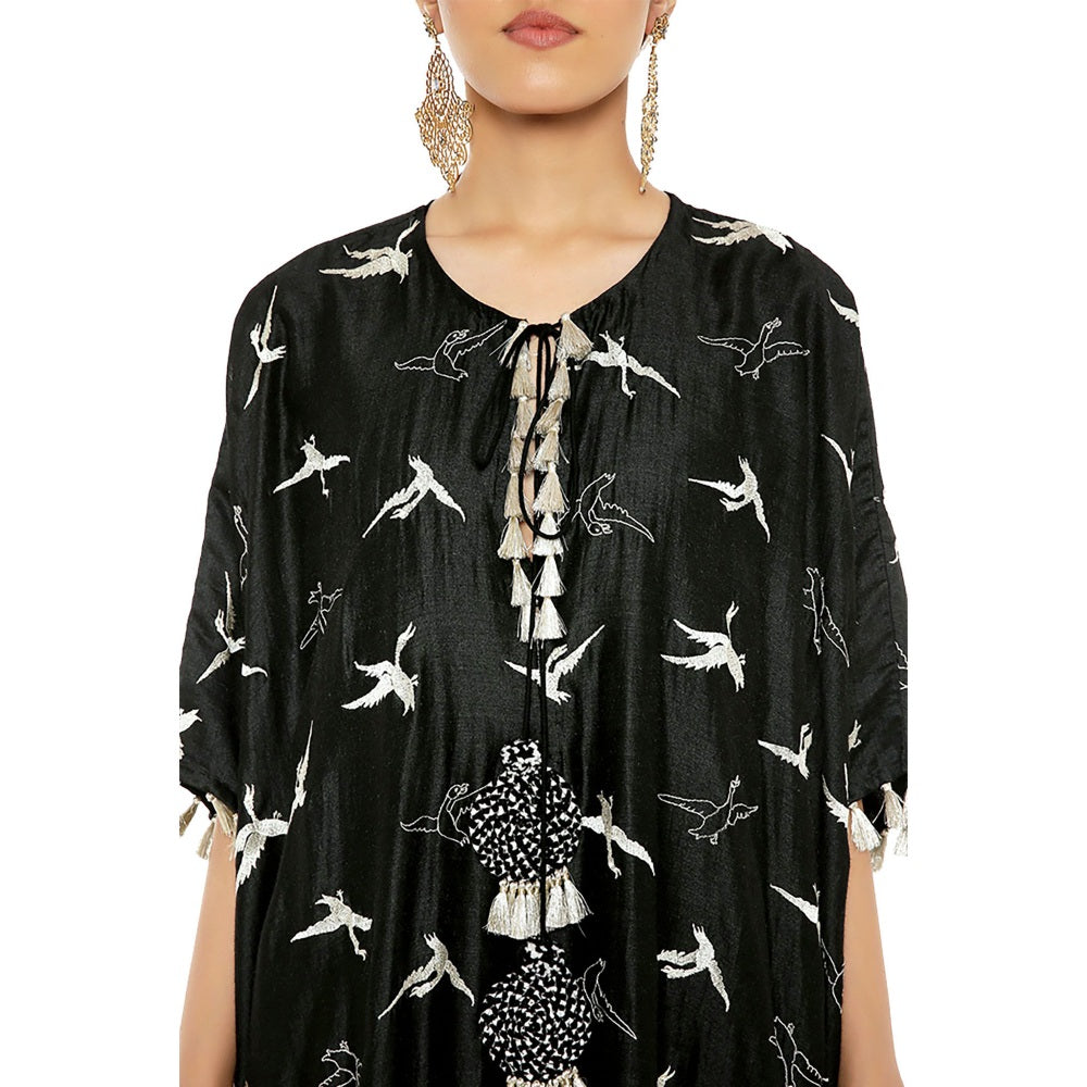 PS Pret by Payal Singhal Black Flamingo Patterned Banarsi Silk Kaftaa & Palazzo Pant (Set of 2)