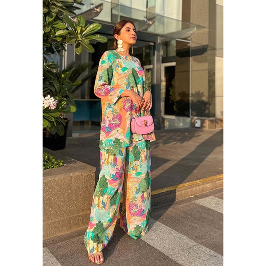 PS Pret by Payal Singhal Aleena Peach Colour Kuno Printed Crepe Top with Palazzo (Set of 2)