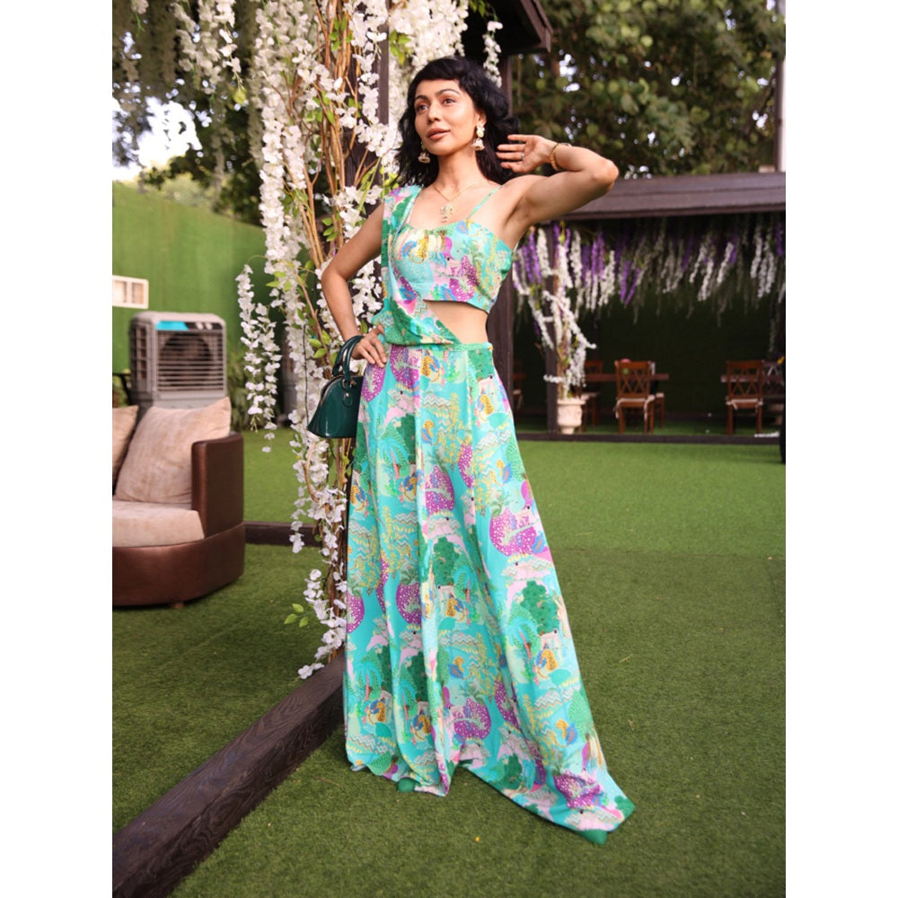 PS Pret by Payal Singhal Kuno Print Crepe Tube Bustier & Skirt with Attached Drape (Set of 2)