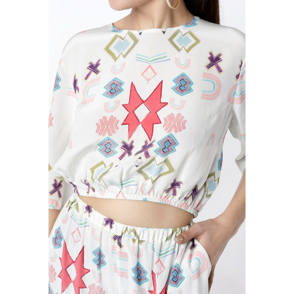 PS Pret by Payal Singhal White Ikat Star Small Print Crepe Top with Jogger Pants (Set of 2)