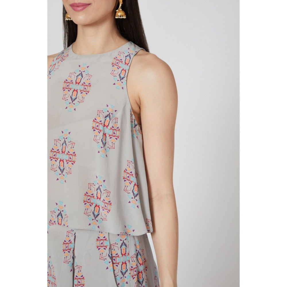 PS Pret by Payal Singhal Grey Ikat Buti Print Crepe Top and Low Crotch Pants (Set of 2)