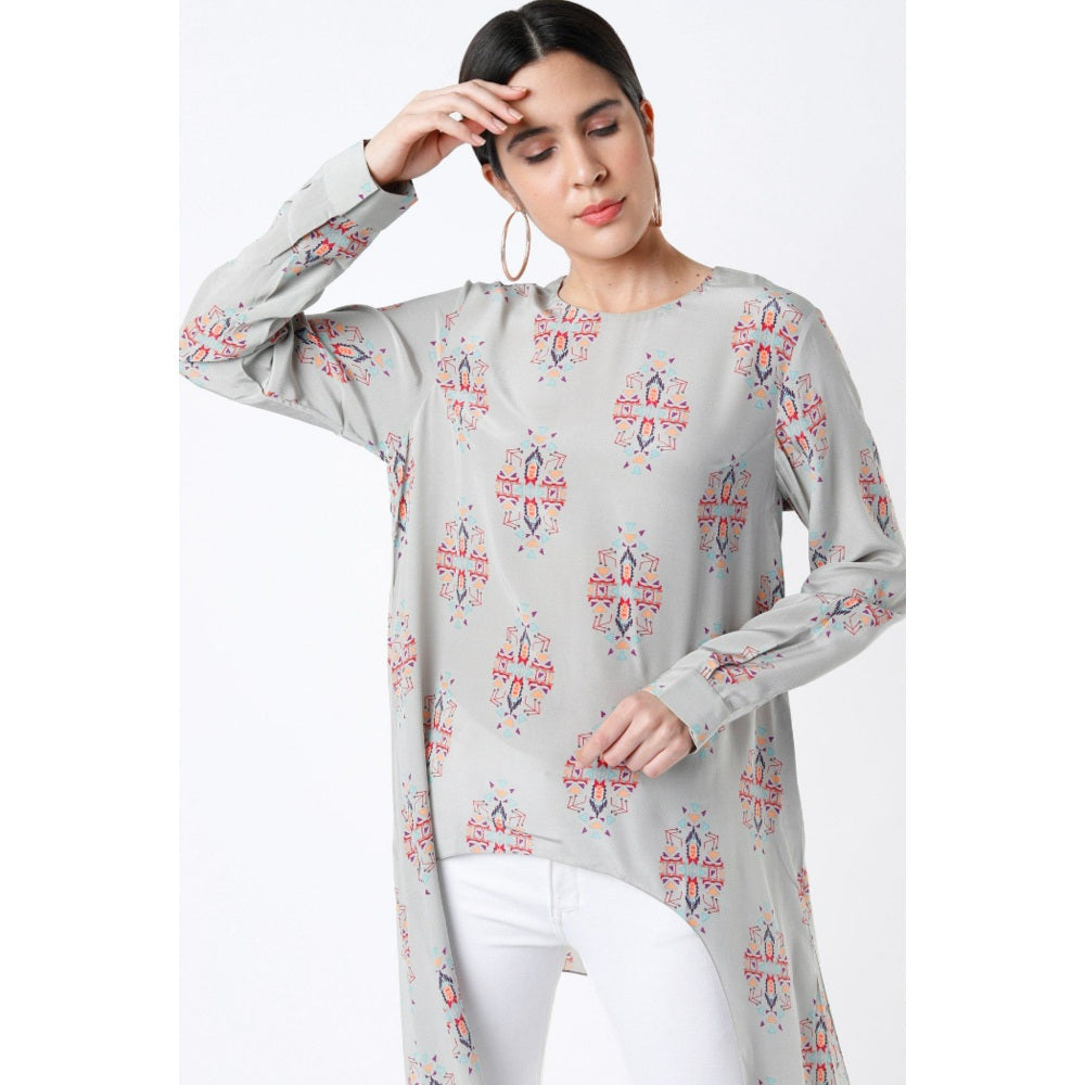 PS Pret by Payal Singhal Grey Ikat Buti Print Crepe Tunic with Side Tail