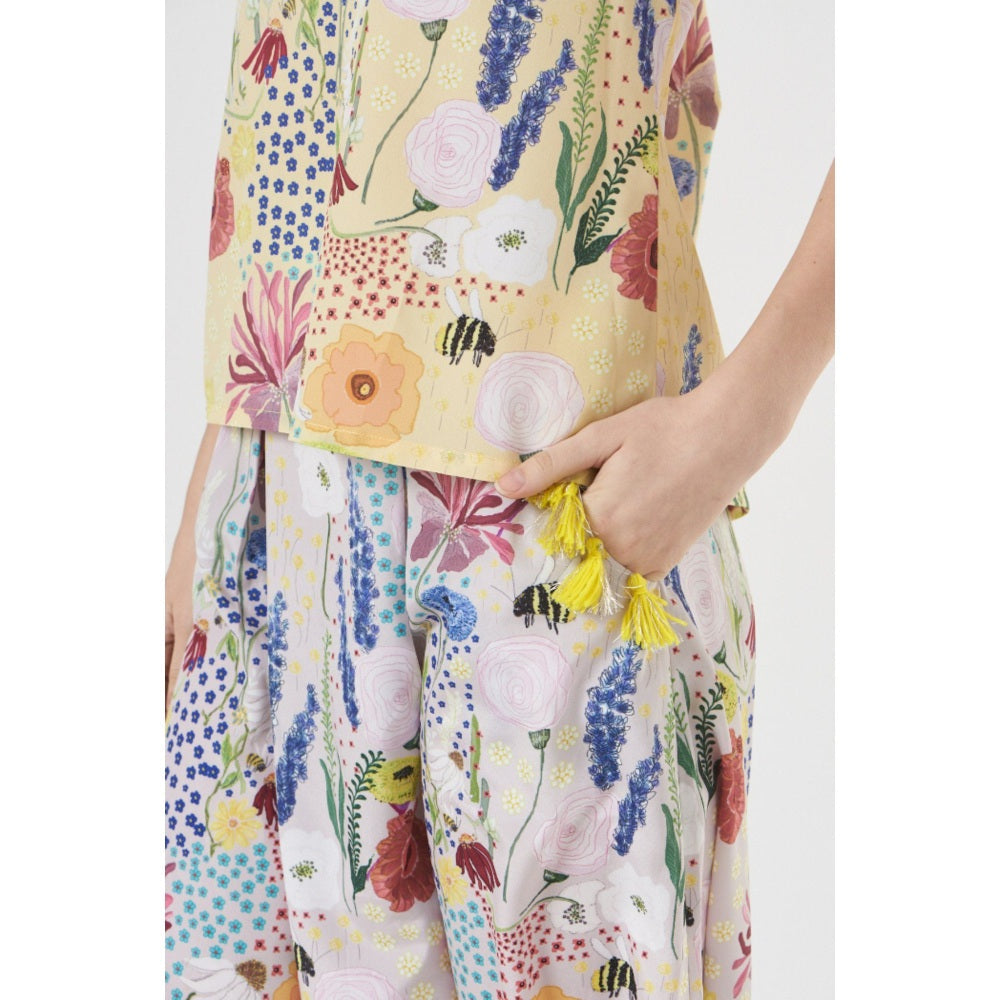 PS Pret by Payal Singhal Yellow Bee Garden Art Crepe Top with Low Crotch Pants (Set of 2)