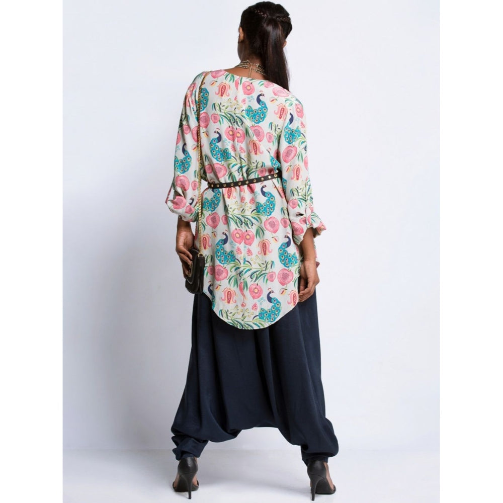 Payal Singhal Multi-Color Printed Cowl Tunic With Navy Pants (Set of 2)