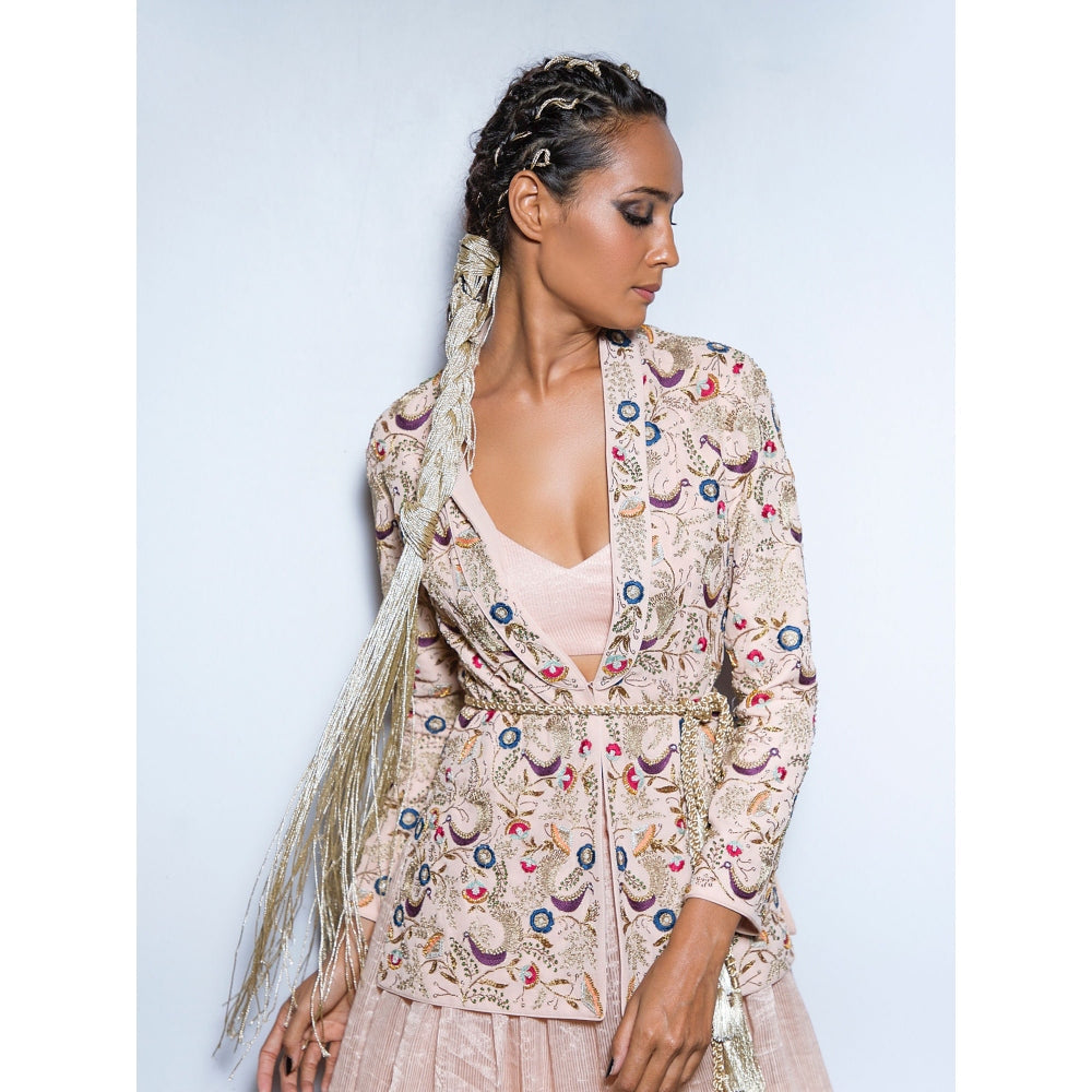 Payal Singhal Diyora Chanderi Lehenga & Bustier Top with Jacket & Tie-Up Belt (Set of 4)