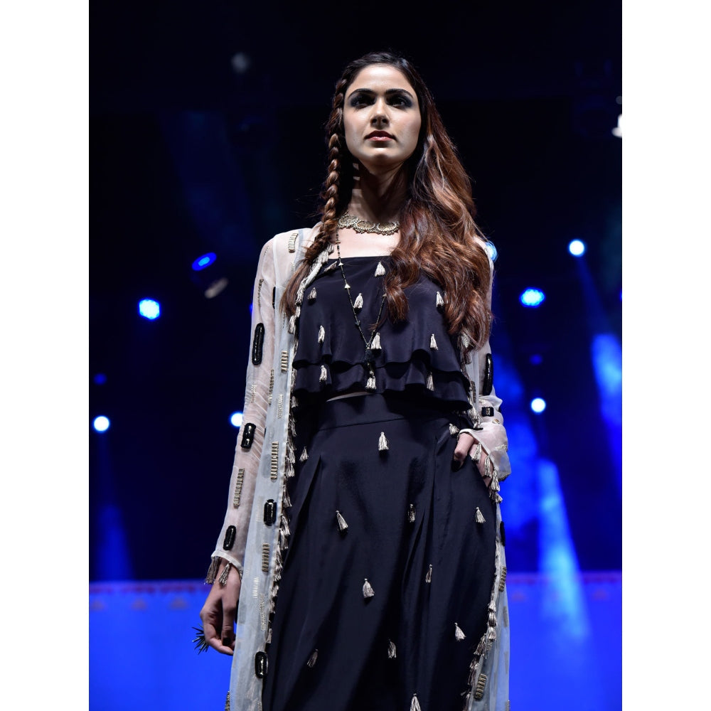 Payal Singhal Myra Tasselled Low Crotch Pants with Layered Top & Cape (Set of 3)