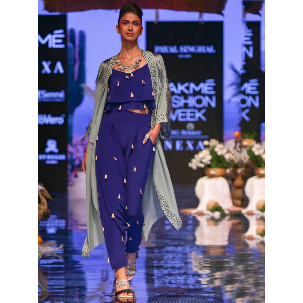 Payal Singhal Ina Tasselled Low Crotch Pants with Layered Top & Cape (Set of 3)