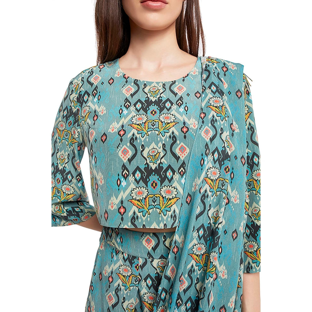 Payal Singhal Blue Printed Dhoti Saree with Stitched Blouse (Set of 2)