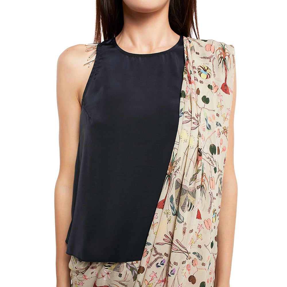 PS Pret by Payal Singhal Crepe White Printed Top With Saree (Set of 2)