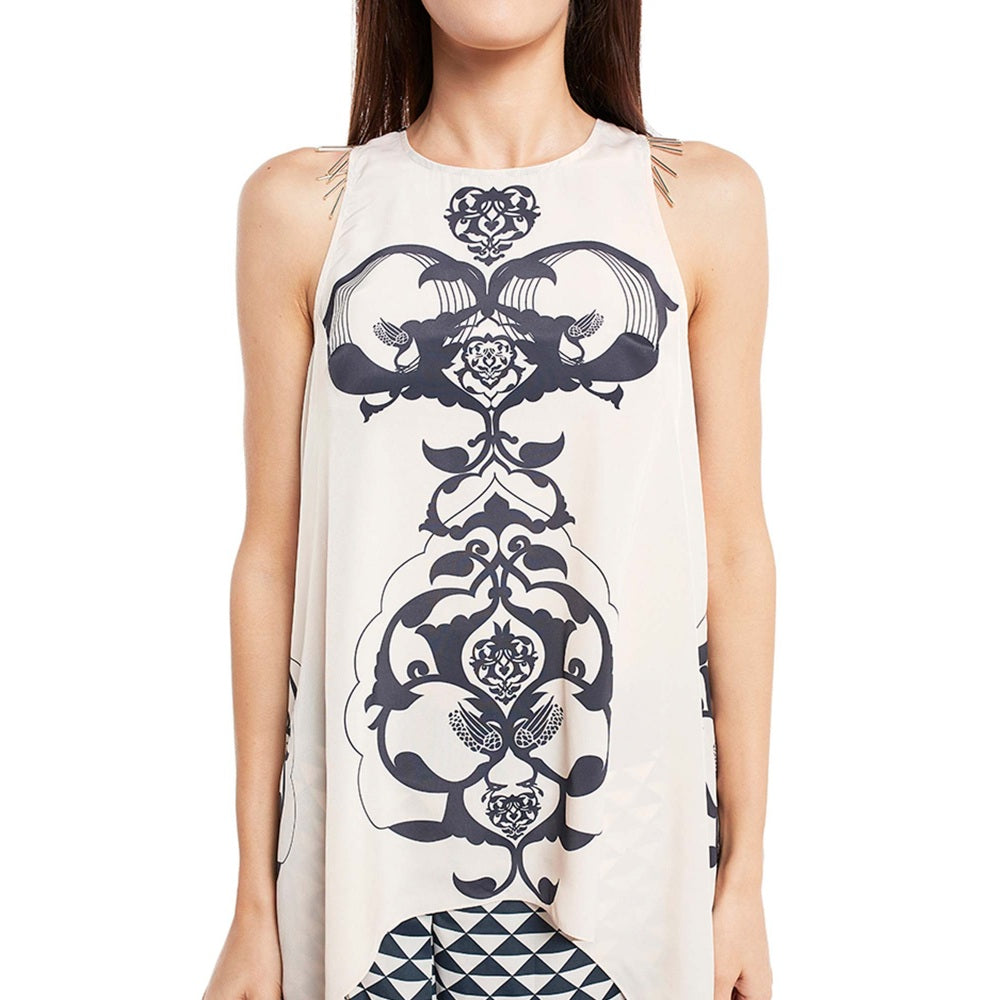 PS Pret by Payal Singhal Crepe White Printed Top With Dhoti Pant (Set of 2)