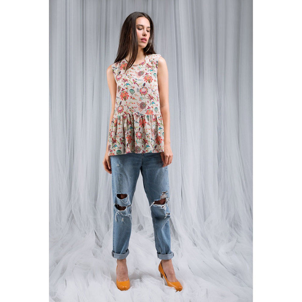 PS Pret by Payal Singhal Khaki Chidiya Print Short Frill Sleeveless Tunic