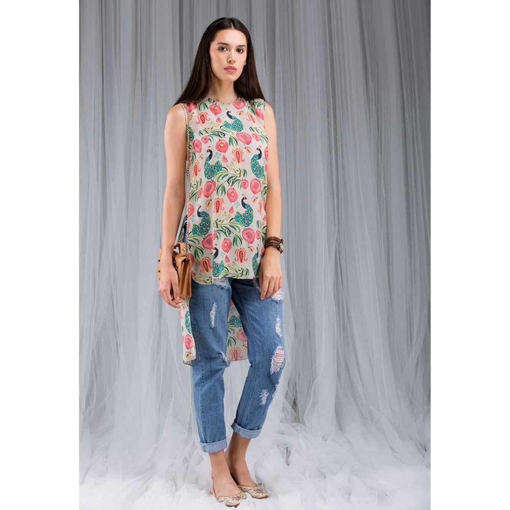 PS Pret by Payal Singhal Khaki Anaar Aur Mor Print High-Low Tunic
