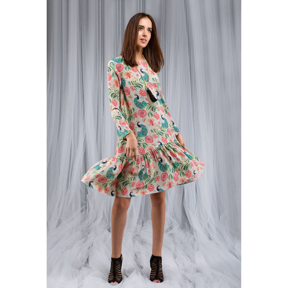 PS Pret by Payal Singhal Khaki Anaar Aur Mor Print Long Frill Tunic
