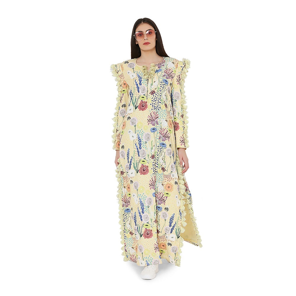 PS Pret by Payal Singhal Yellow Printed Art Crepe High Slit Kaftaan