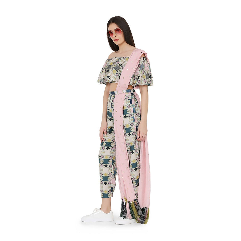 PS Pret by Payal Singhal Off Shoulder Top With Jogger Pant and Mukaish Dupatta (Set of 3)