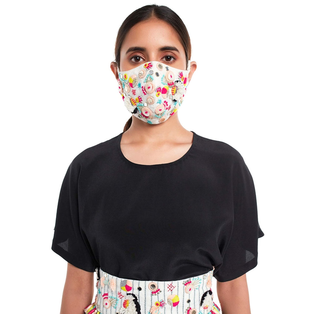 PS Pret by Payal Singhal Black Short Kaftan Top And Low Crotch Pant With Mask And Tie-up Belt (Set of 4)