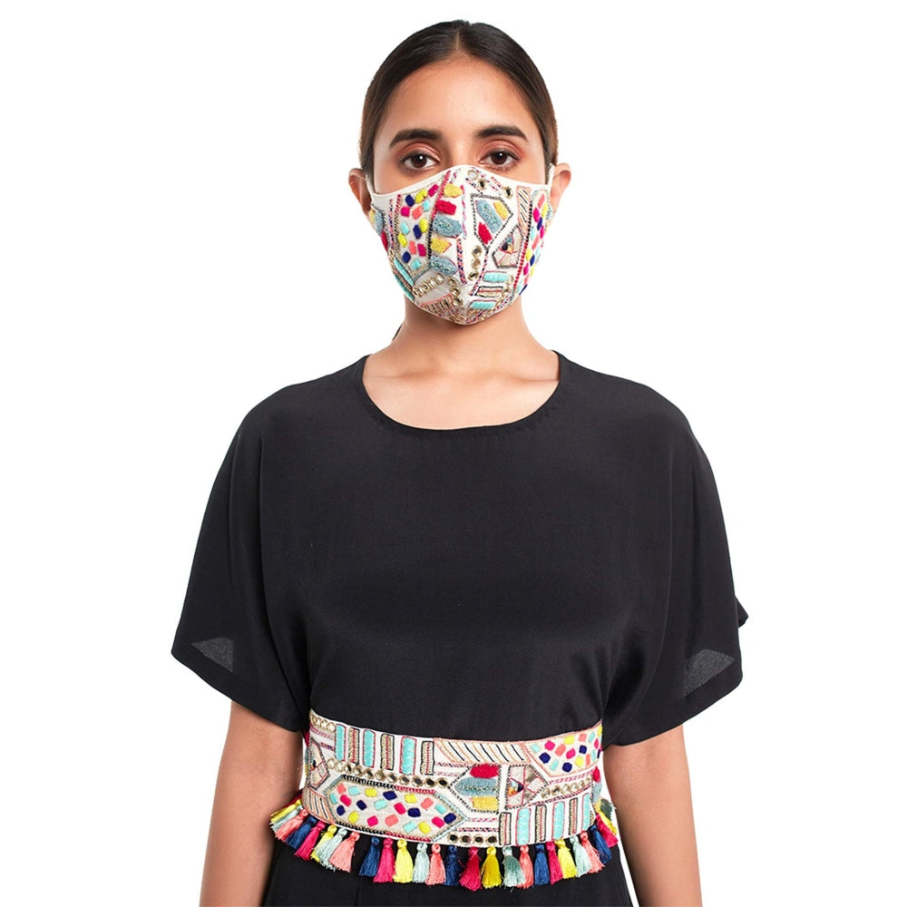 PS Pret by Payal Singhal Short Kaftan Top & Crotch Pant With Embroidered Mask & Tie-up Belt (Set of 4)