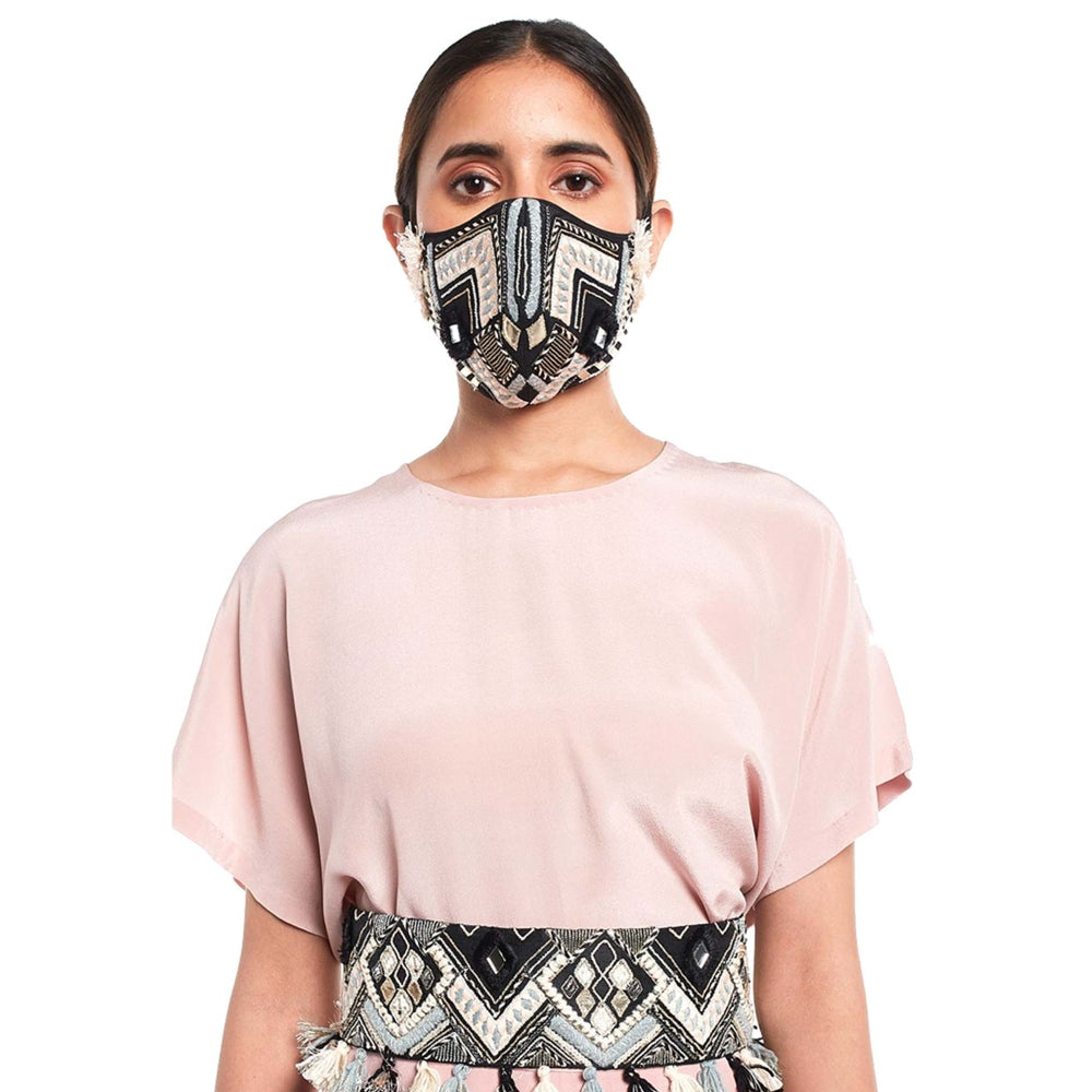 PS Pret by Payal Singhal Short Kaftan Top And Low Crotch Pant With Mask And Tie-up Belt (Set of 4)