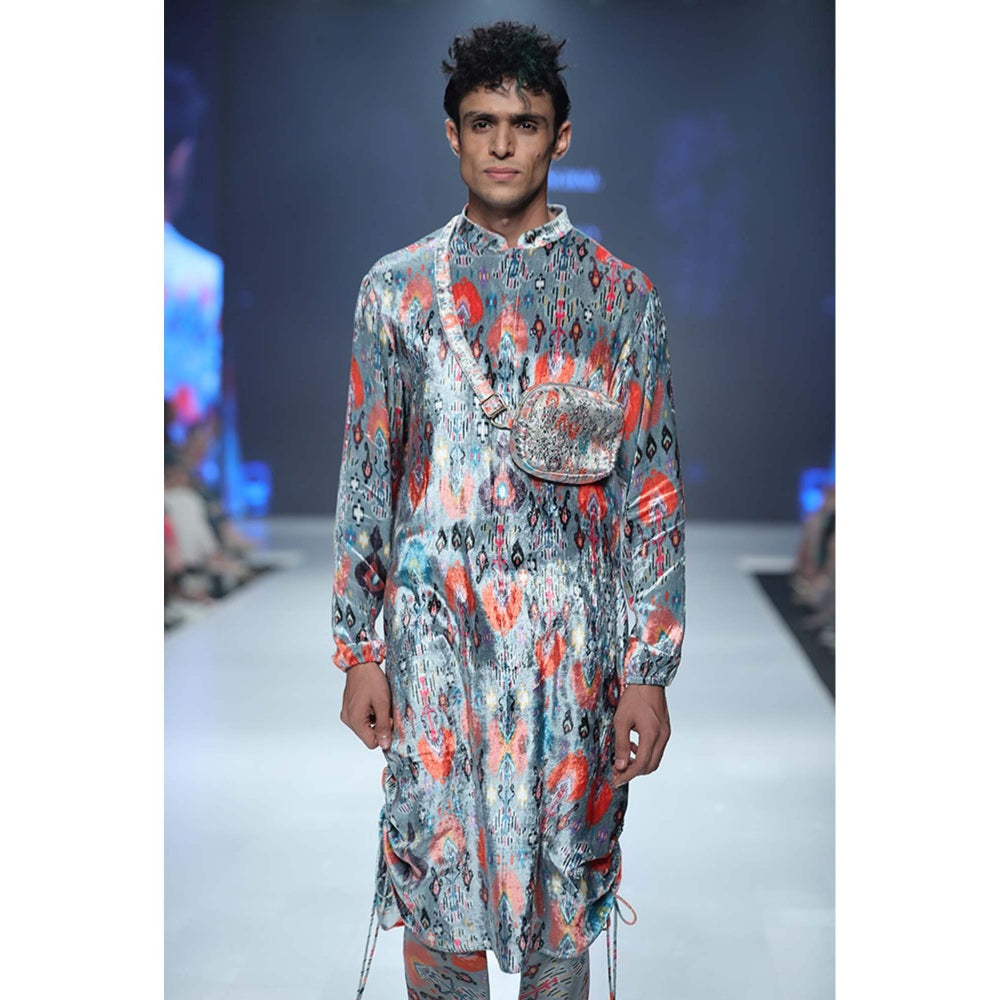 PS Men by Payal Singhal Aziz Blue Printed Velvet Kurta and Silkmul Churidar - Set of 2