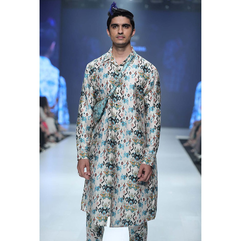 PS Men by Payal Singhal Mahir Whited Printed Kurta and Churidar - Set of 2