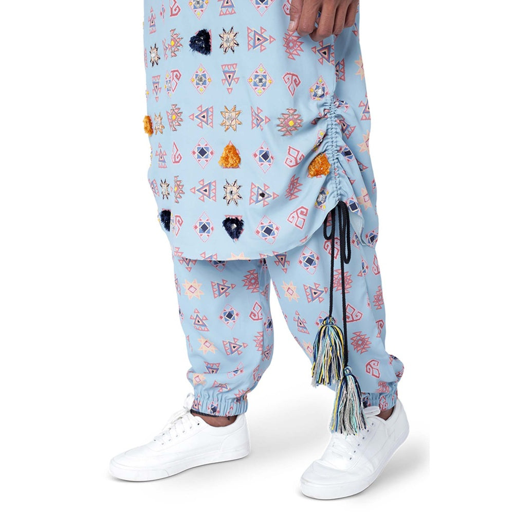 PS Men by Payal Singhal Blue Colour Printed Art Crepe Kurta with Jogger Pant - Set of 2